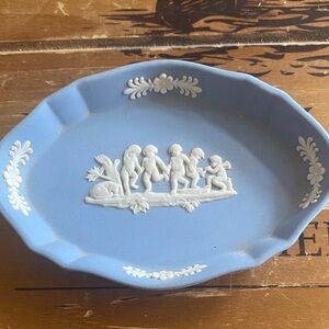 Vintage Wedgwood Blue Oval Jasperware Dish with White Relief